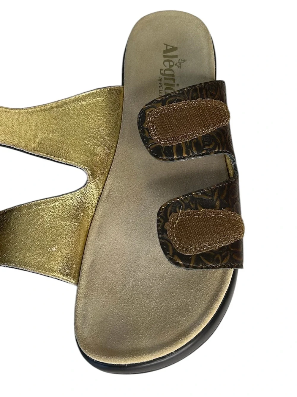 ALEGRIA PG Lite Women Sz 42 Jade Brown Embossed Leather Adjustable Slide Sandals
